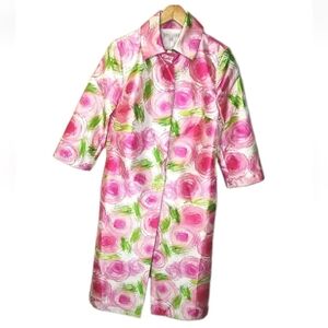 Frances Valentine Trench Coat Swing Jacket Woman Sz XS White Pink Floral Snap